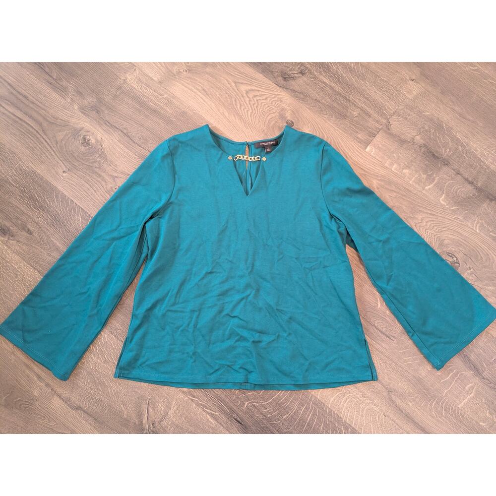 Teal Blouse w/ Bell Sleeves and Chain Detail Sz L from Marc New York